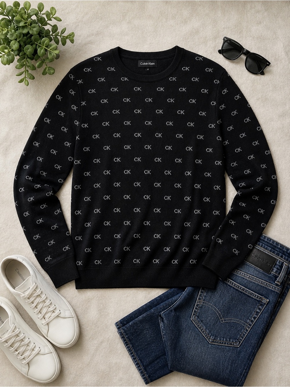 Calvin‎ Klein Logo Knit Wool Blend Sweater XL Black Monogram Crewneck Men’s